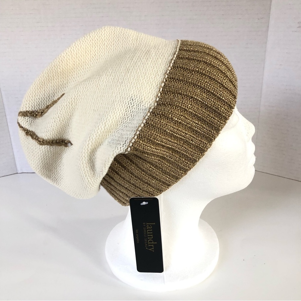 LAUNDRY BY SHELLI SEGAL Alpaca Wool Blend Ribbed Gold Shimmering Trim Beanie OS - Picture 4 of 14